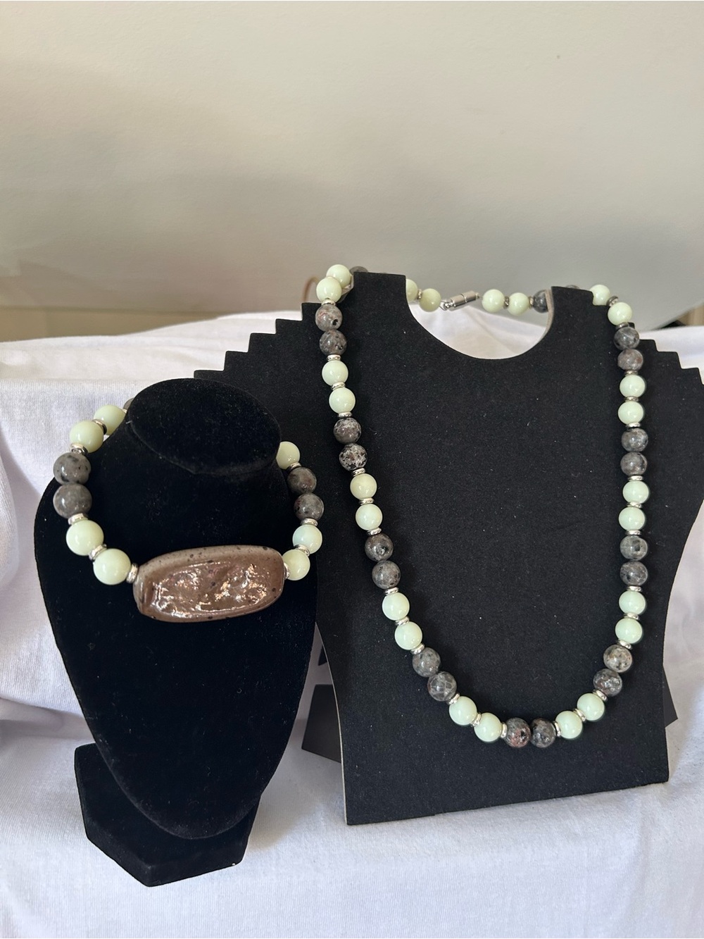 Mint and Gray Beaded Necklace and Bracelet Set